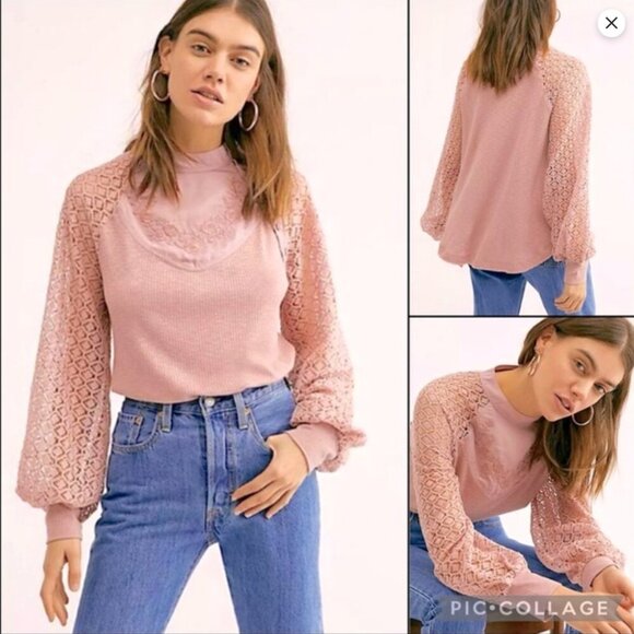 Free People Tops - Free People Women's Small Dusty Rose Embroidered Crochet Waffle Knit Blouse Top